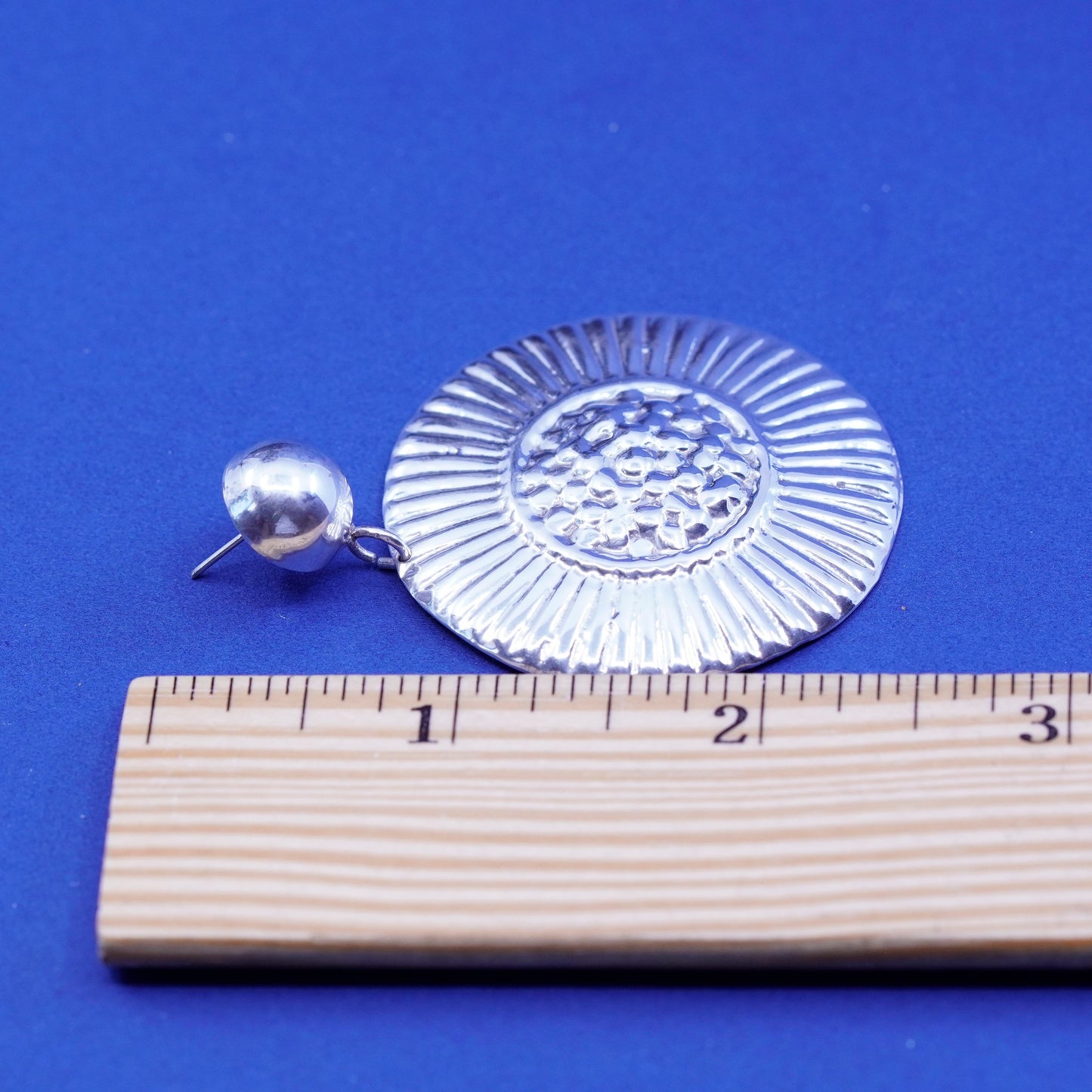 Vintage Sterling Silver handmade Earrings. Huge 925 ribbed circle disc