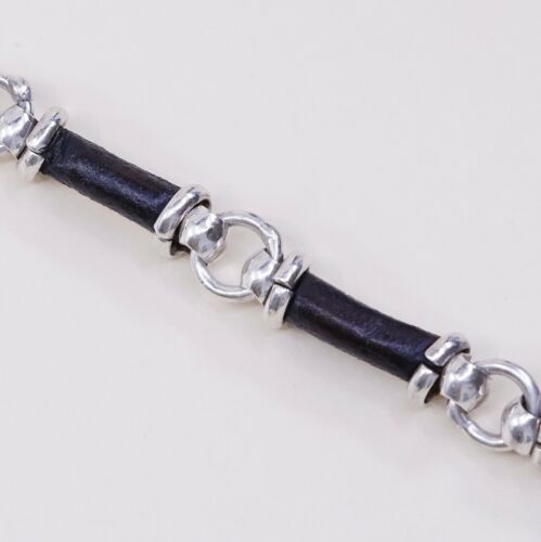 6.5”, Vtg Mexico Sterling 925 Silver Handmade Bracelet, Black Leather Link