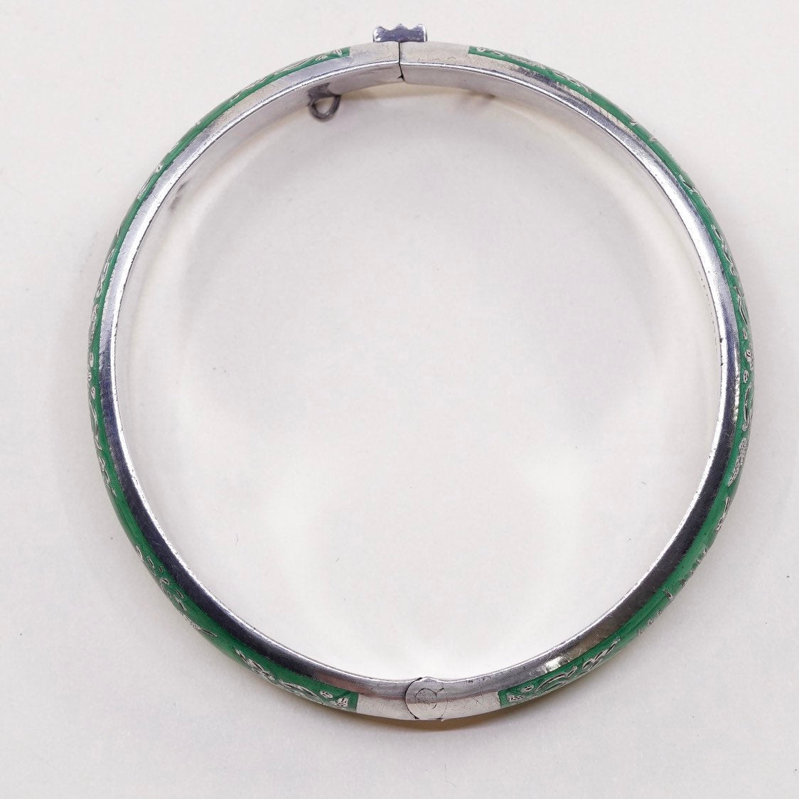 7.75", sterling silver story teller bangle, cuff, 925 bracelet w/ green enamel