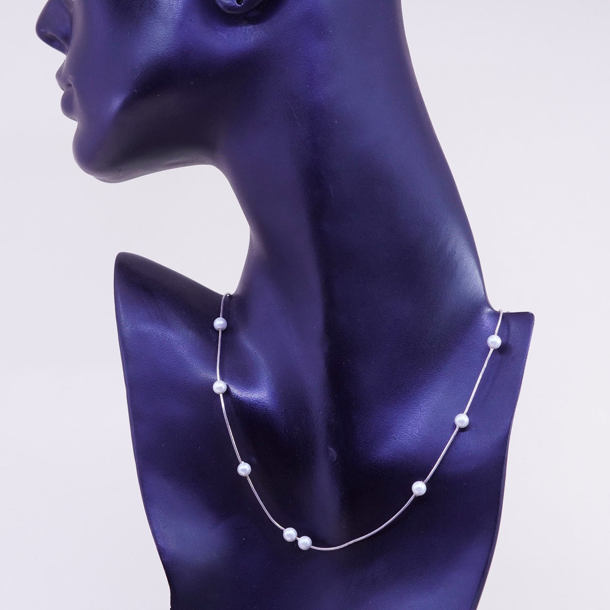 16”, Vintage handmade Sterling 925 silver Snake chain with pearl beads