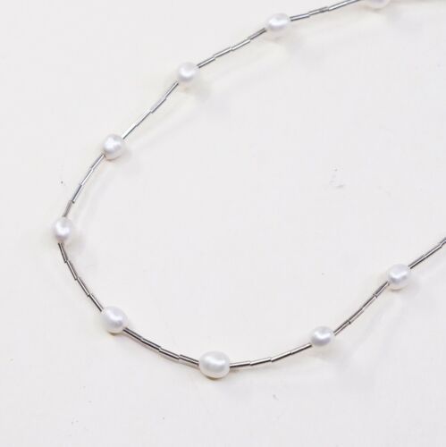 16”, Vtg Sterling silver handmade necklace, 925 Liquid Silver W/ Pearl Beads