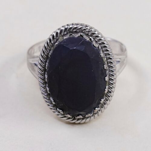 Sz 6.5 Vtg JP 925 Silver Handmade Ring w/ Oval Hematite, Stamped Sterling