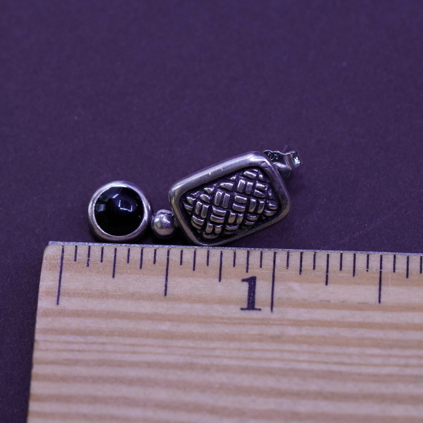 Sterling silver handmade earrings, textured 925 rectangular obsidian beads