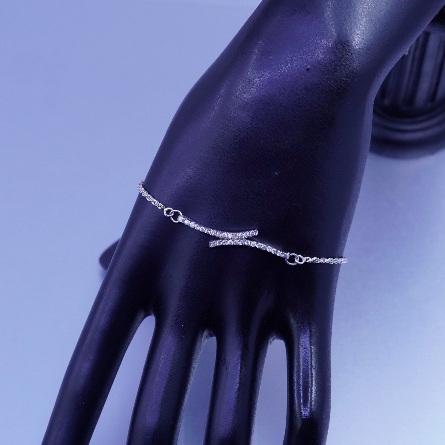 Size adjustable. Jewelry Sterling 925 silver bracelet rope chain cluster cz bar