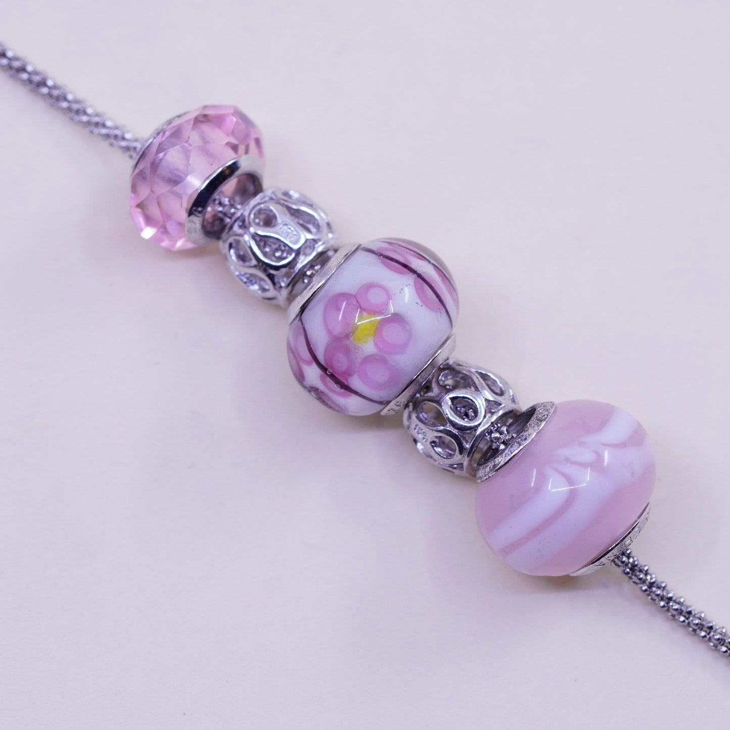 6.75”, 925 Sterling silver popcorn chain bracelet w/ artisan flora glass beads