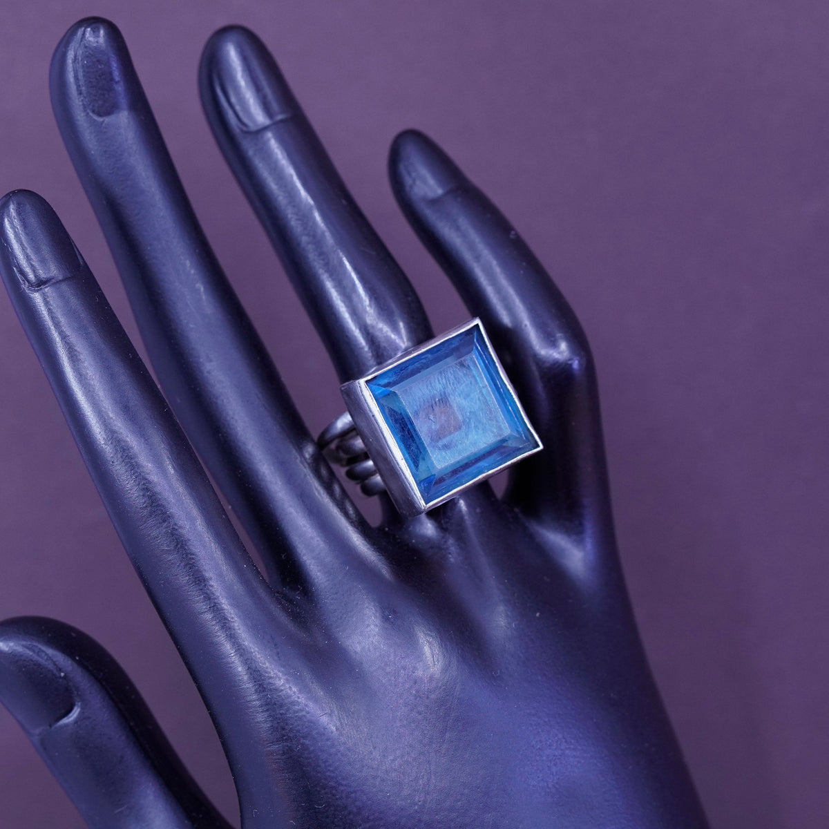 sz 5.5, vintage handmade statement ring, Sterling Silver square blue glass Ring