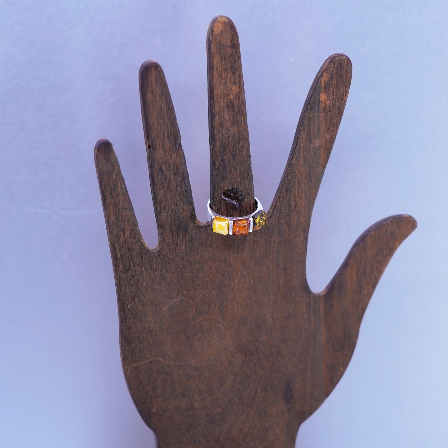 Size 8.25, vintage Sterling 925 silver handmade band ring with Amber