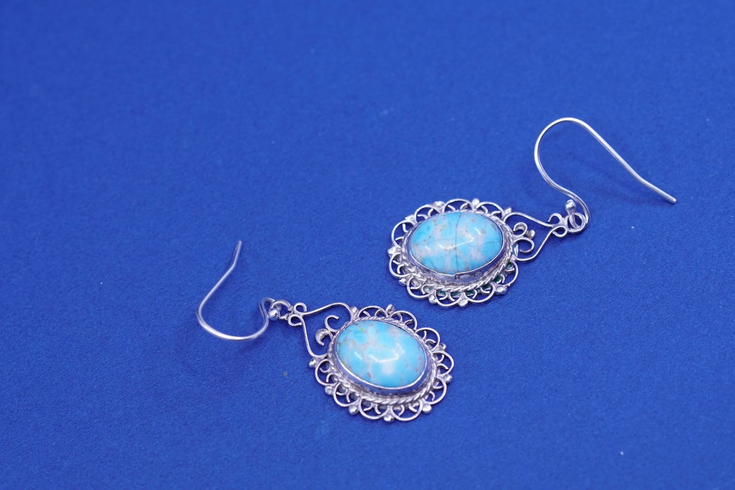 Vintage Sterling 925 silver handmade filigree earrings with oval turquoise