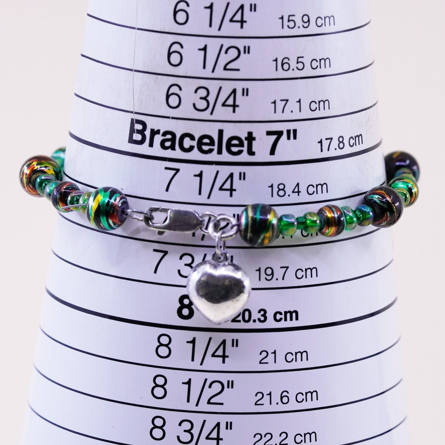 7.5”, Vintage handmade Sterling 925 silver bracelet with blue beads heart charm