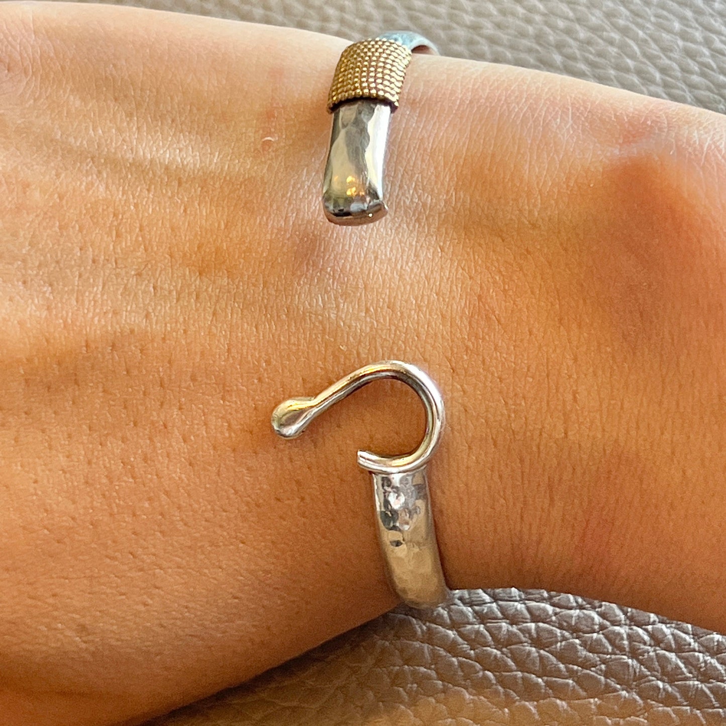 6”, 14K gold wired Sterling 925 silver bracelet, two tone horseshoe bangle