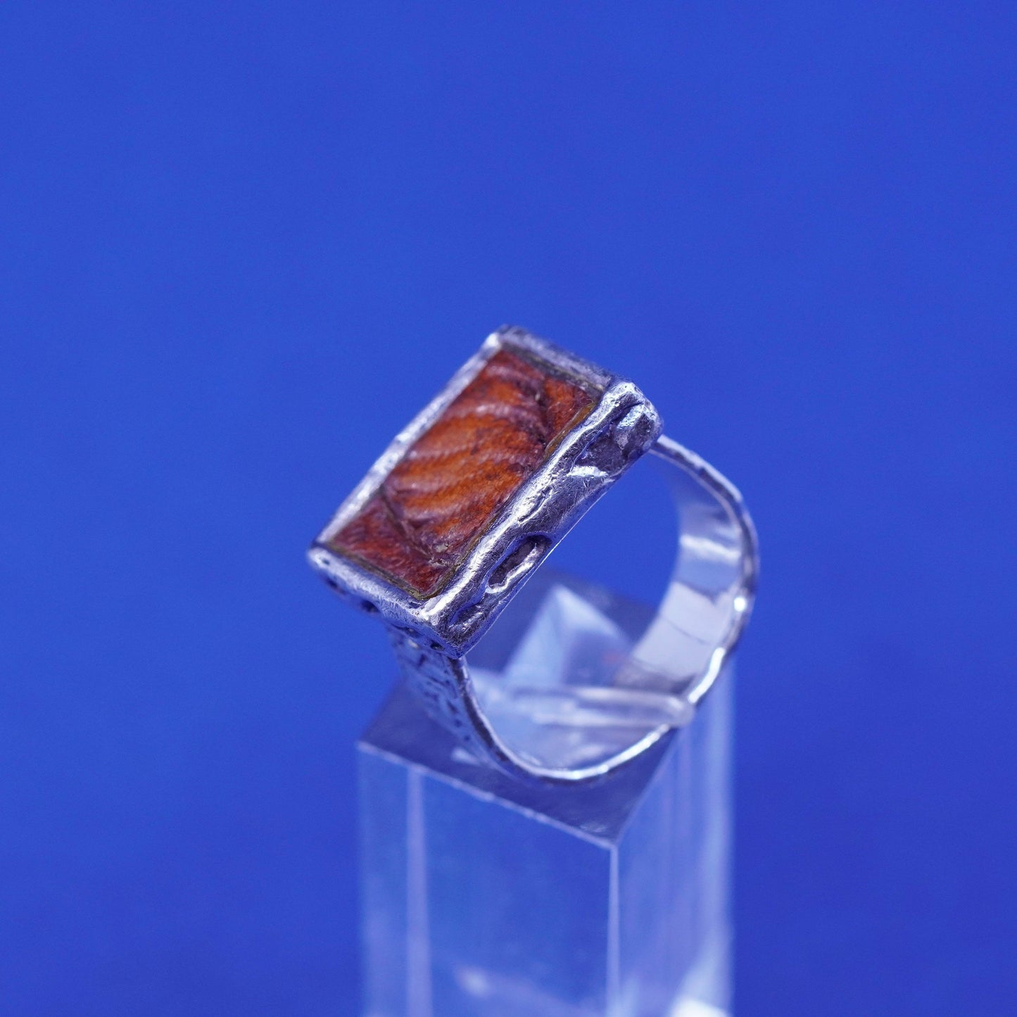 Size 8.5, Vintage Peyote Bird Sterling silver handmade ring, 925 square leather