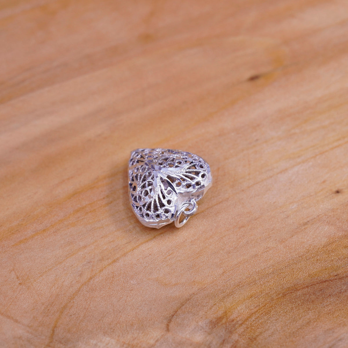 Vintage Sterling silver handmade pendant, 925 filigree puffy heart pendant