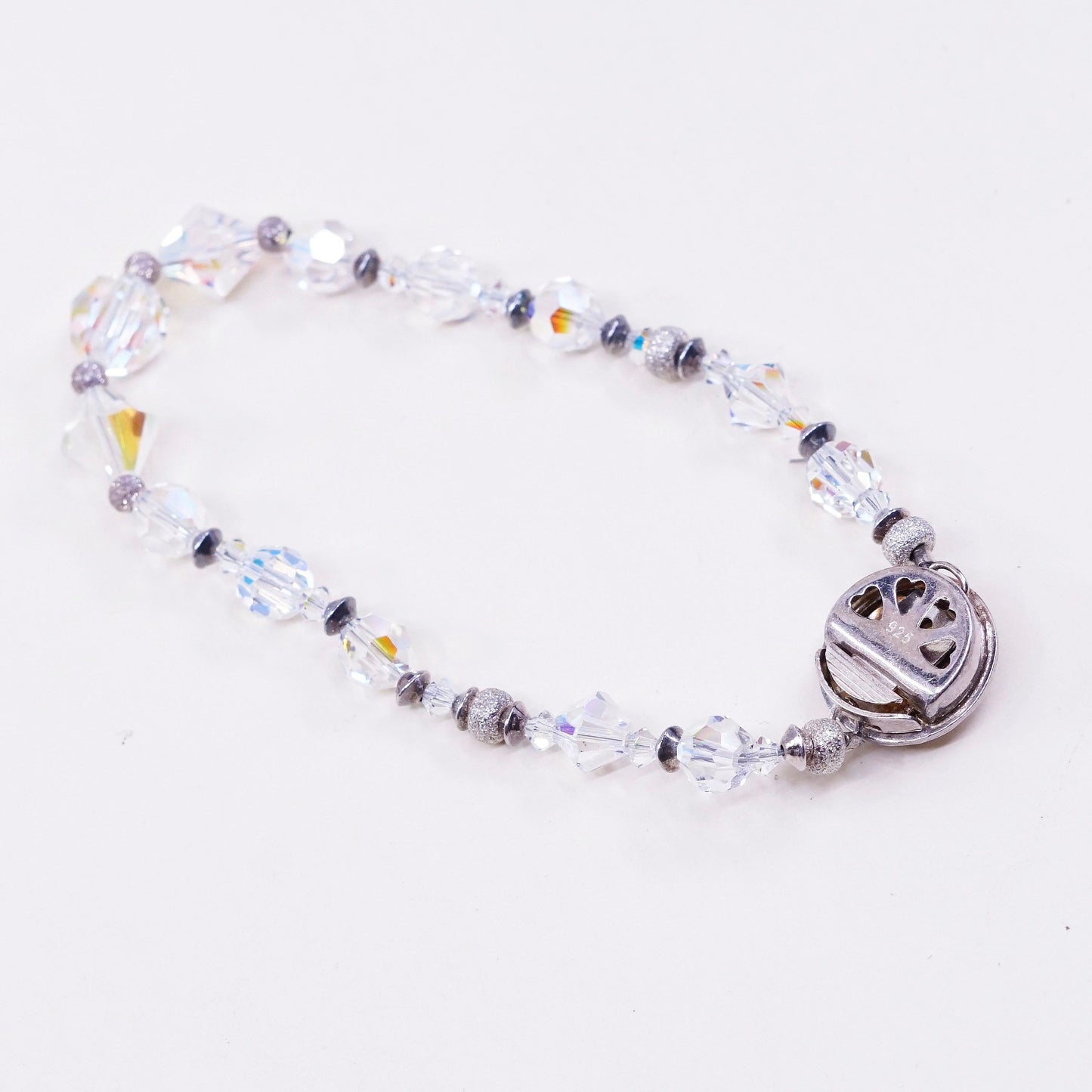 6.5”, vtg sterling silver handmade bracelet, 925 clasp with crystal beads