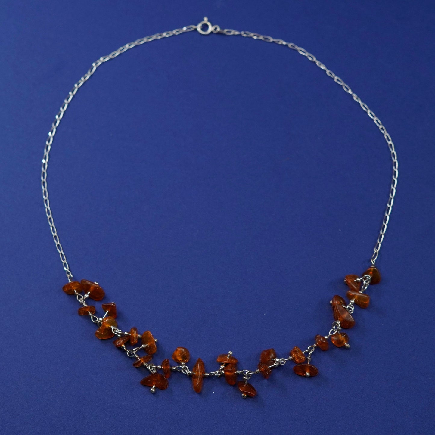 18”, vintage Sterling silver necklace, 925 long chain w/ cluster amber pendant