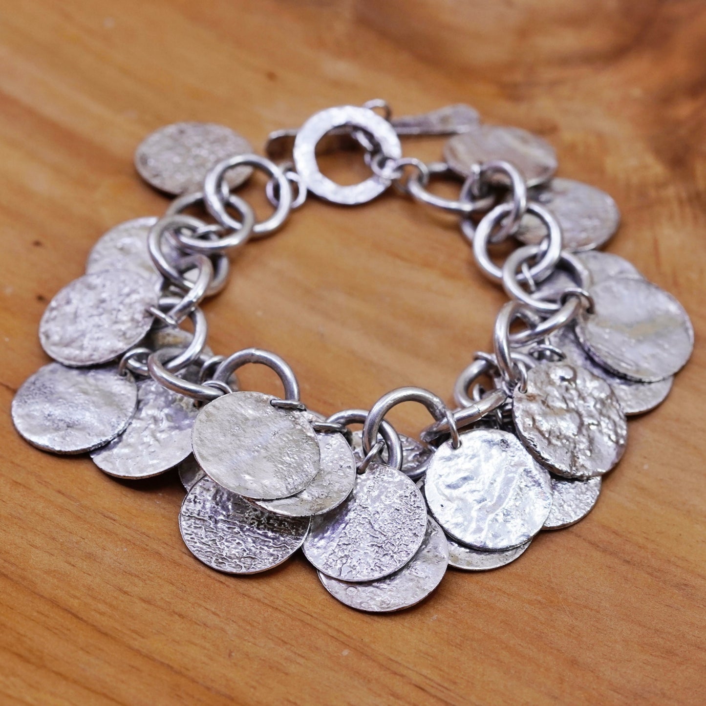 7.5”, Sterling silver bracelet, 925 bold circle chain hammered disc charms