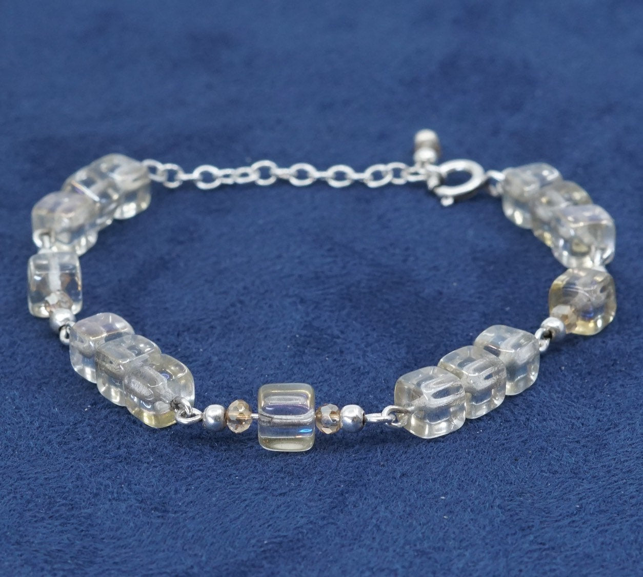 7"+1”, vtg handmade sterling silver bracelet, clear glass beads, stamped 925