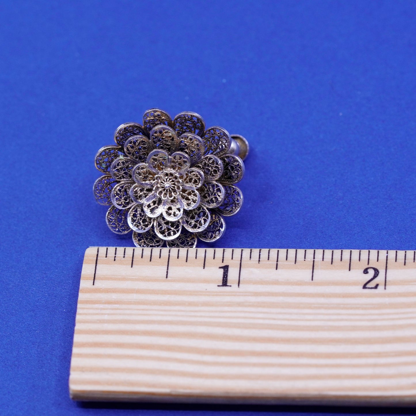 vtg gold Sterling silver handmade earrings, filigree 925 flower screw back