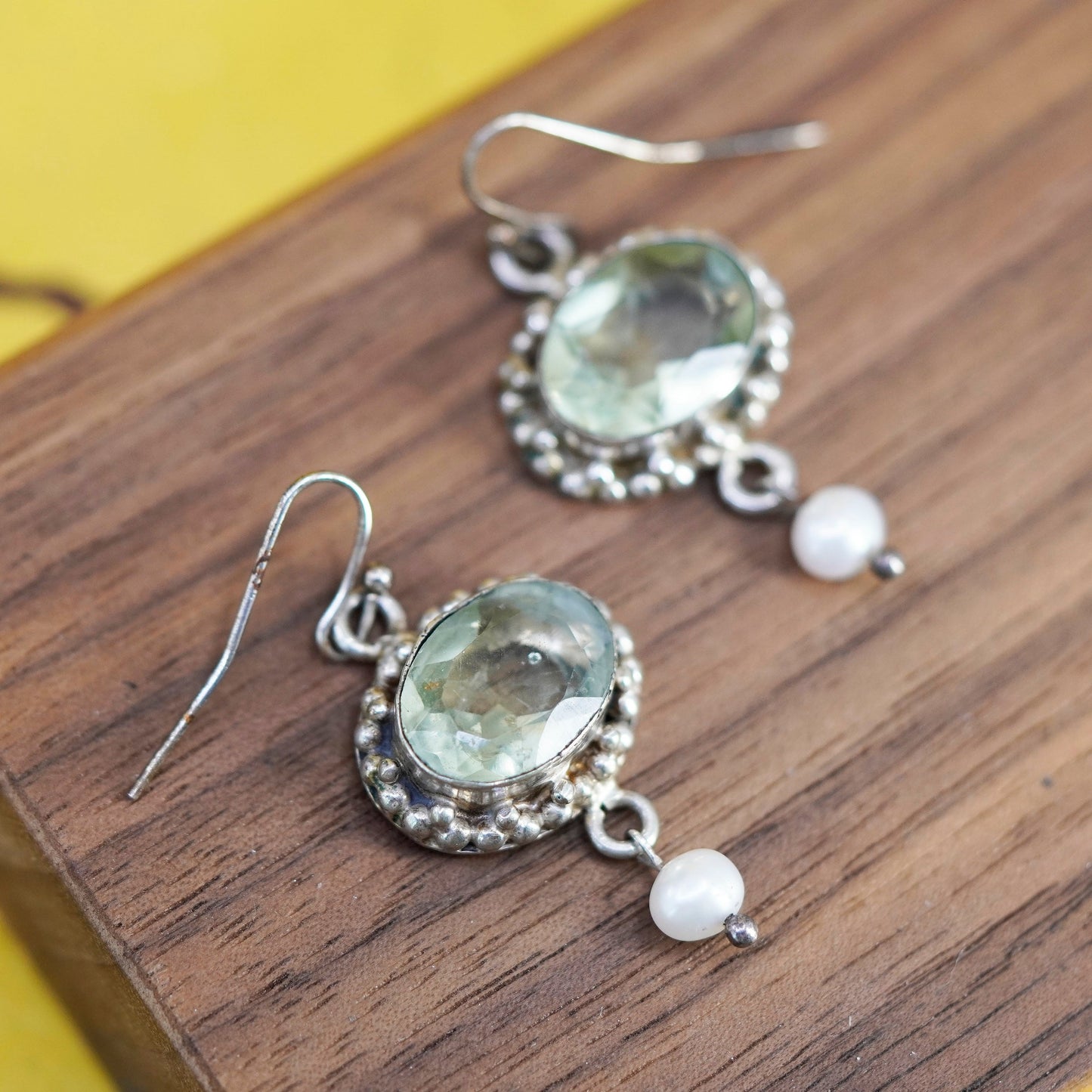 Vintage Sterling 925 silver handmade earrings with oval citrine and pearl