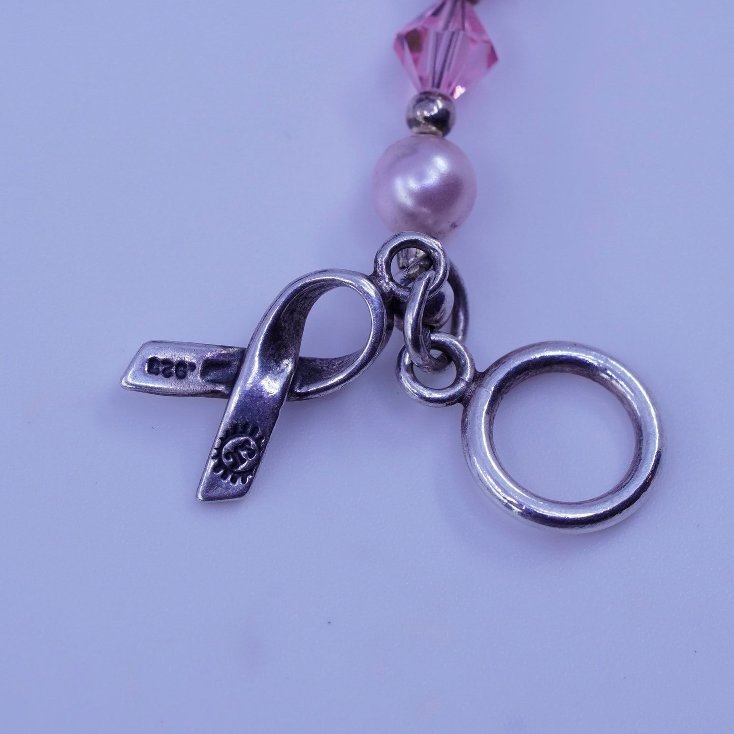 7”, Sterling 925 silver bracelet freshwater pearl breast cancer ribbon bow tie