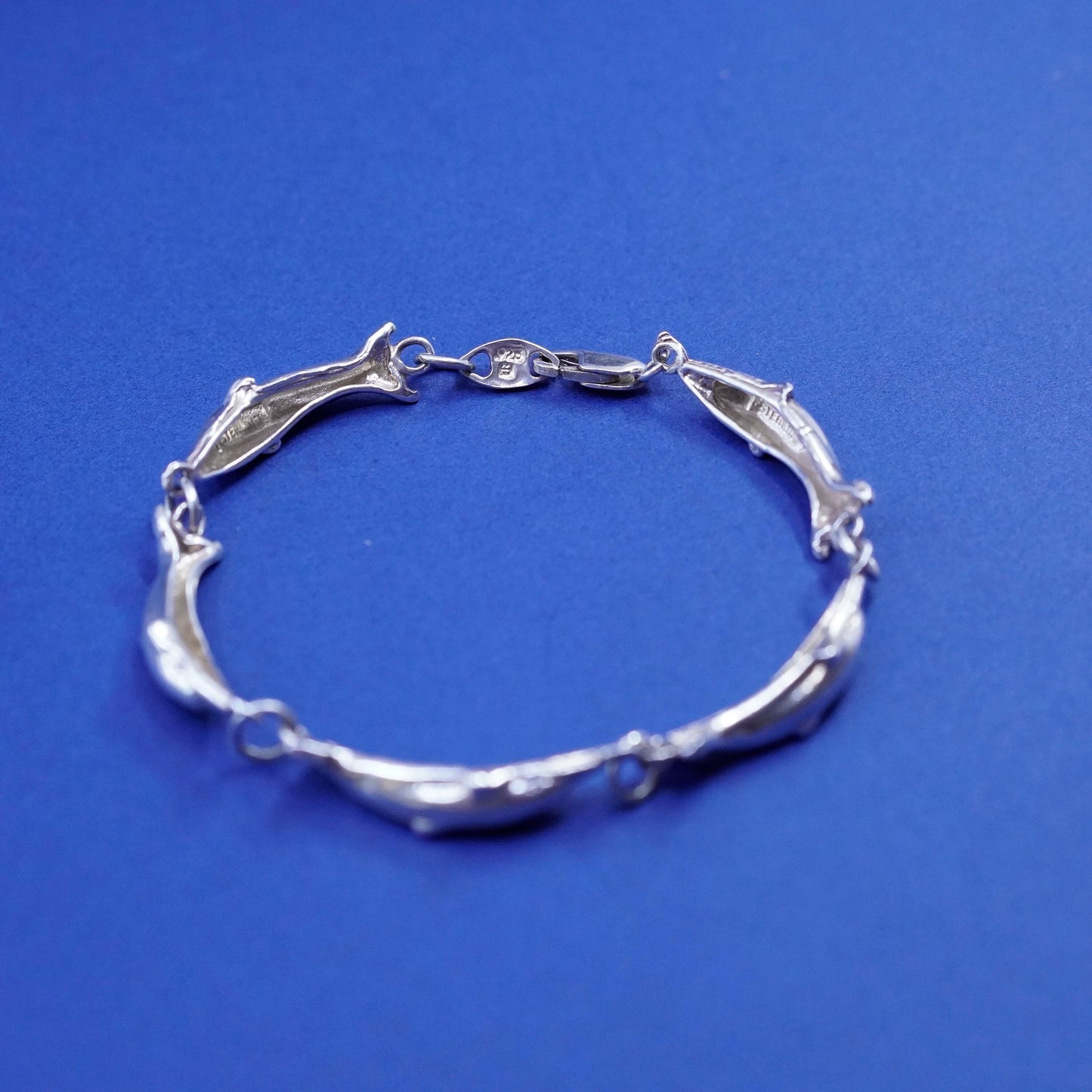 7.75”, vintage Sterling silver handmade bracelet, 925 dolphin chain