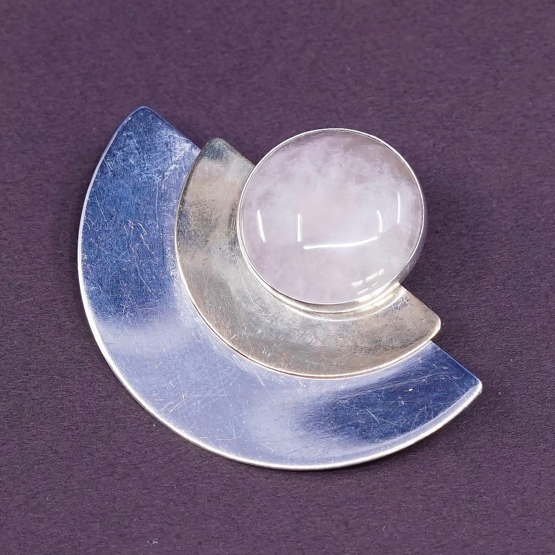 VTG PJ two tone modern Sterling Silver Handmade Pendant, 925 w/ pink quartz