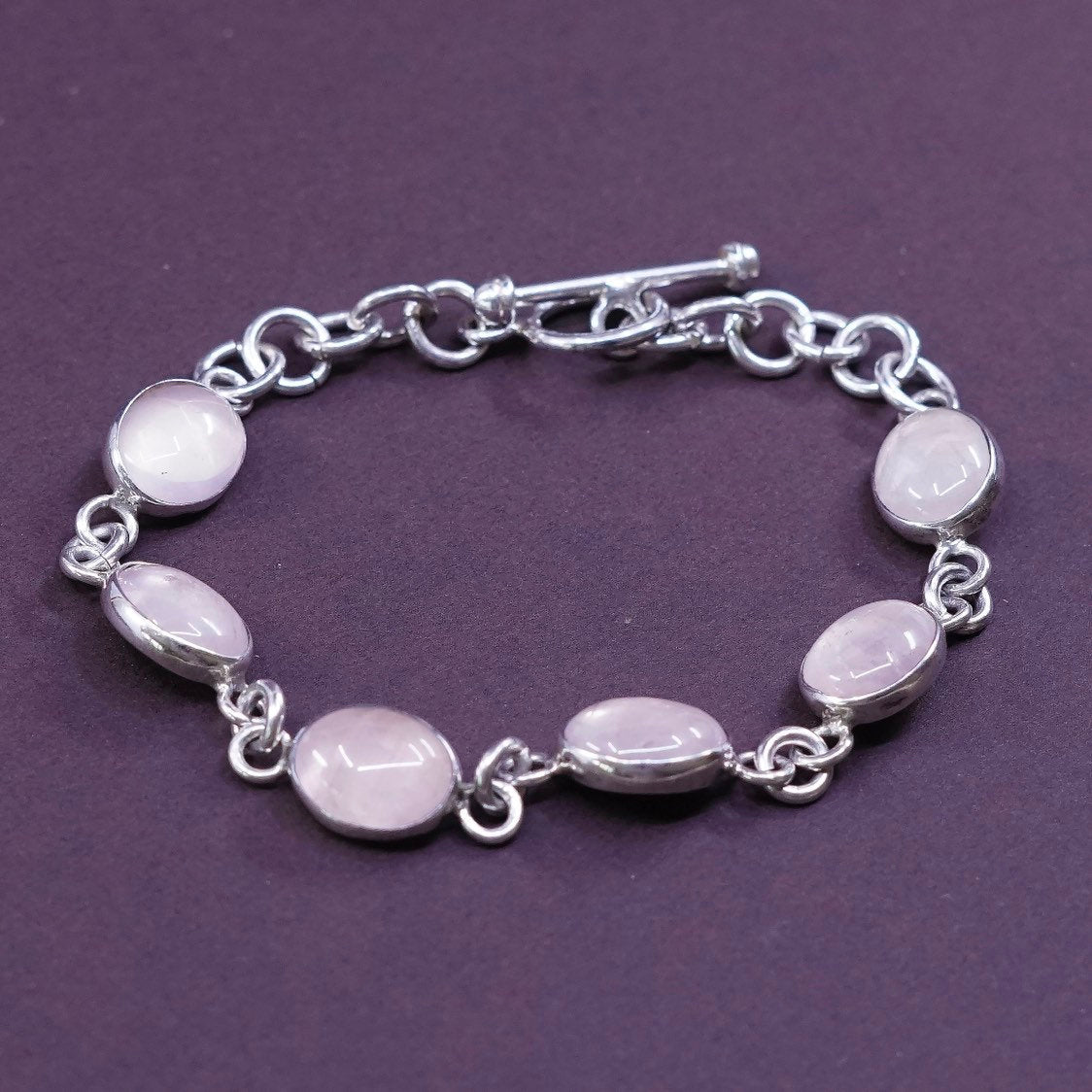 5.5”, vtg Sterling silver handmade bracelet, Mexico 950 w/ pink quartz n toggle