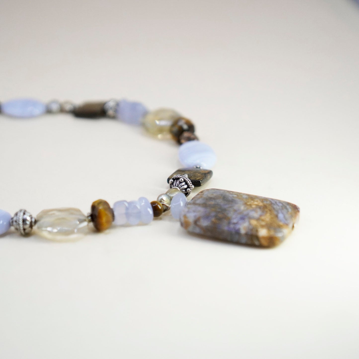 15+2.5”, handmade Checker Cut lace agate citrine golden tiger eye pendant