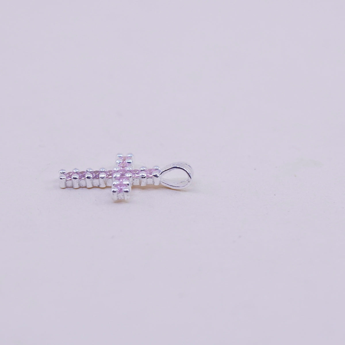 Vintage sterling silver pendant, 925 cross handmade charm with pink cz
