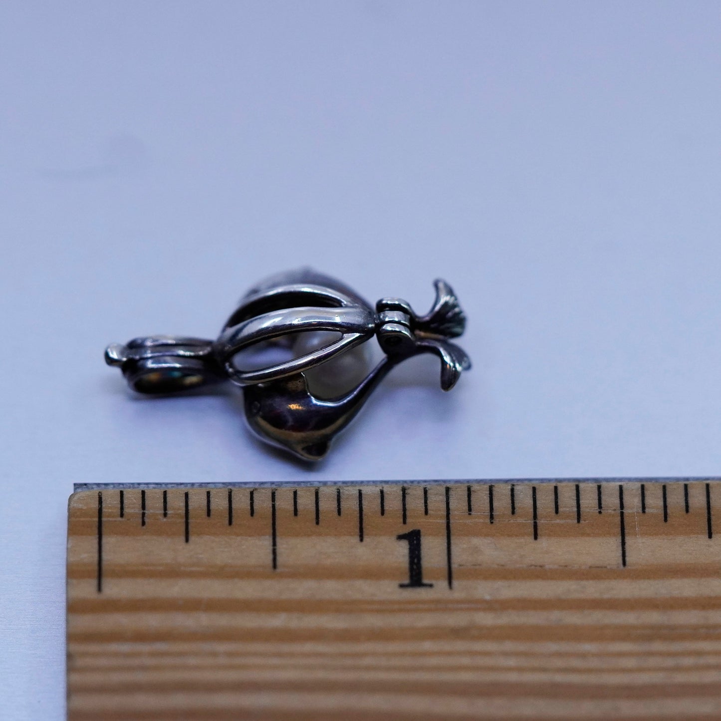 Vintage sterling 925 silver pearl heart dolphin cage pendant with pearl