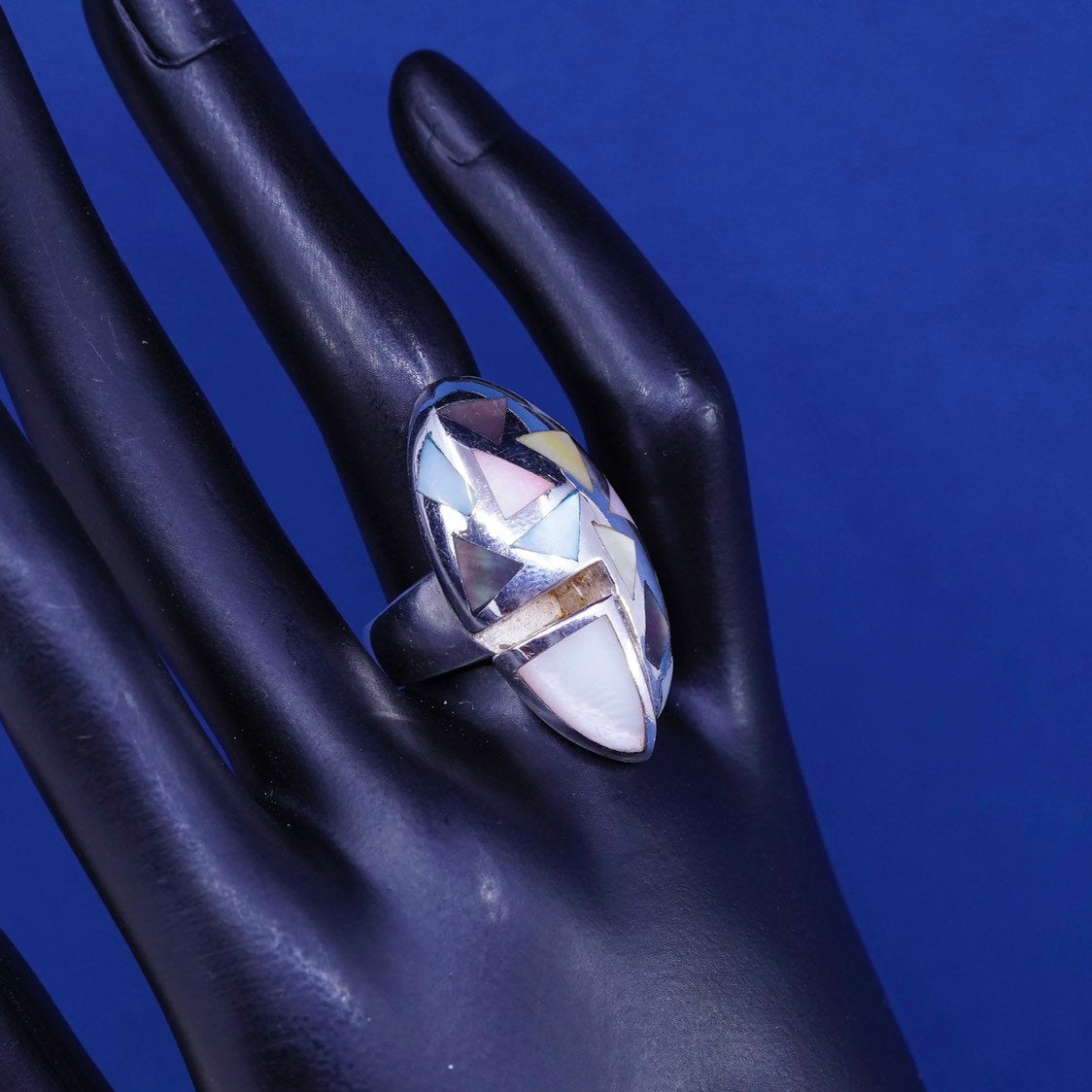 sz 8, vtg Sterling silver handmade swirl ring, 925 Statement ring w/ mother of pearl