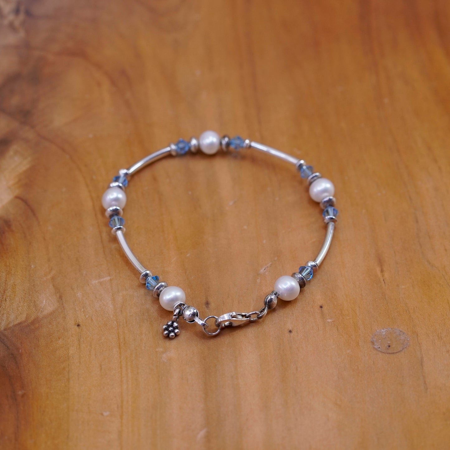 6.75”, Sterling silver handmade beads bracelet, 925 bar chain pearl crystal