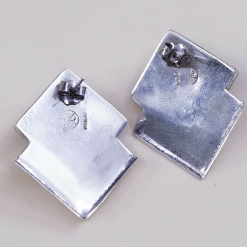 Vtg GFMW Modern Sterling Silver Handmade Earrings, 925 Square Studs W/ Obsidian