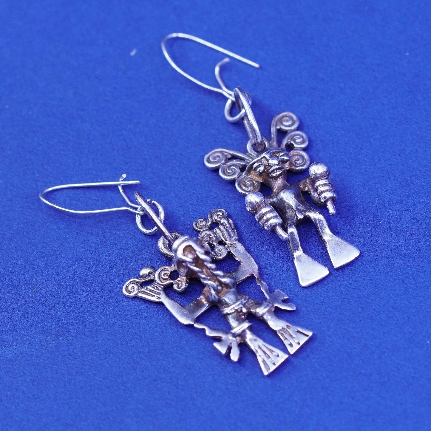 Vintage sterling silver handmade earrings, 950 filigree Peruvian god Incas