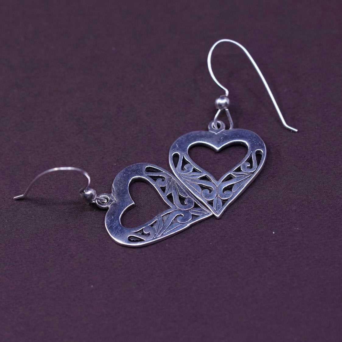 vtg Sterling silver handmade earrings, 925 filigree heart drops