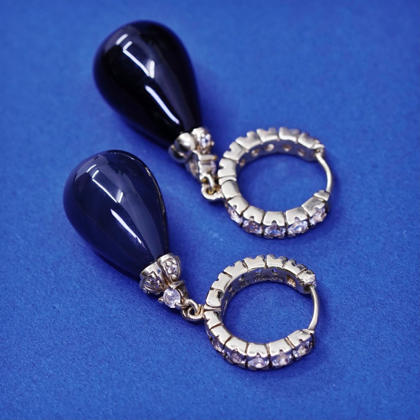 vermeil gold over Sterling silver earrings, 925 hooks, huggie w/ Cz N obsidian