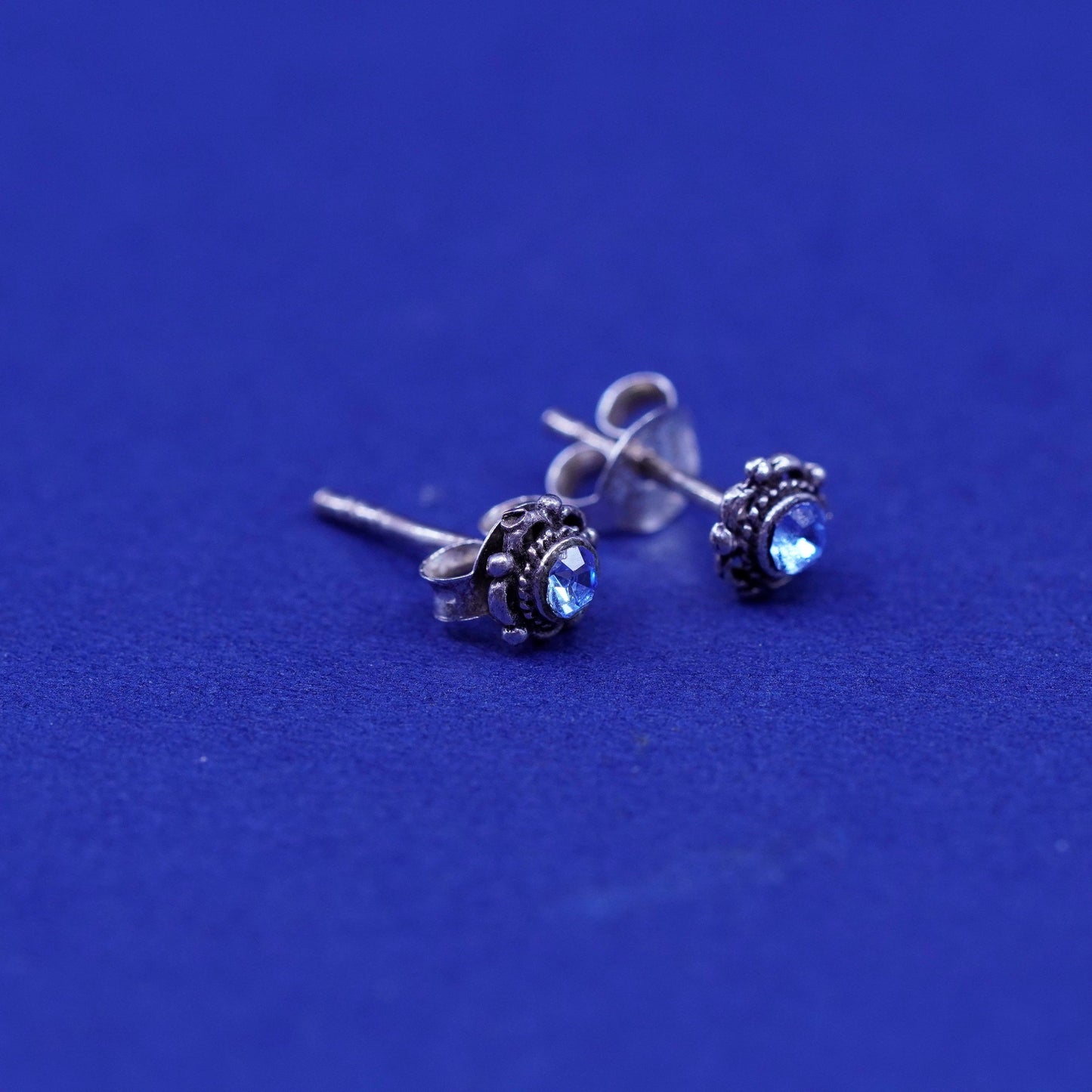 Vintage Sterling silver handmade earrings, 925 flower studs with cz