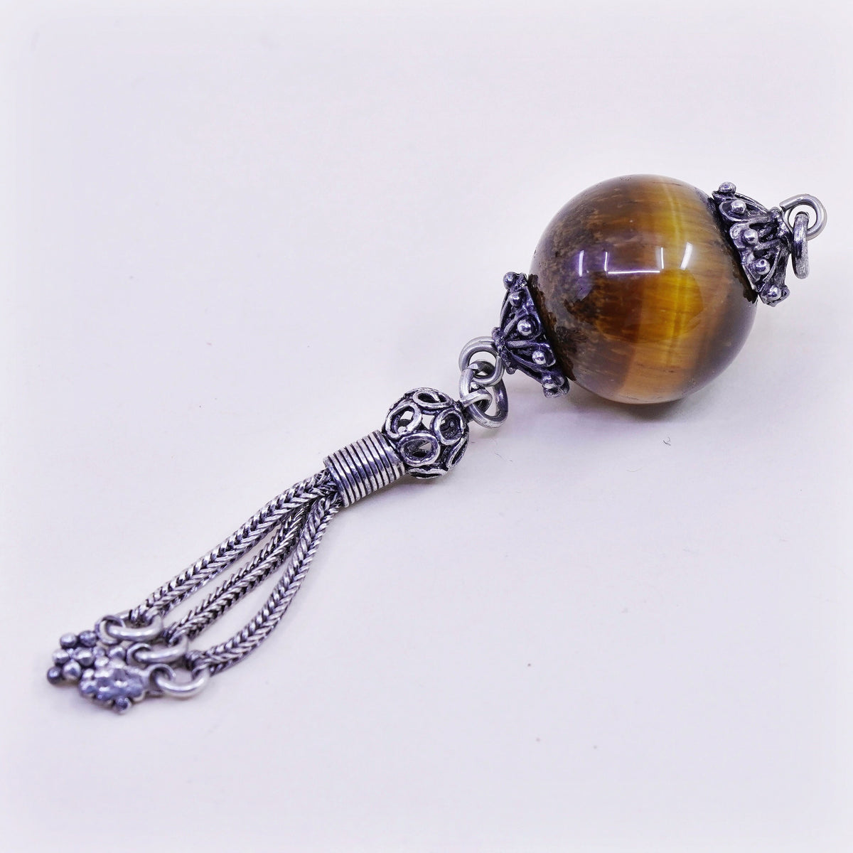 sterling silver charm with golden tiger eye and fringe, 925 handmade pendant