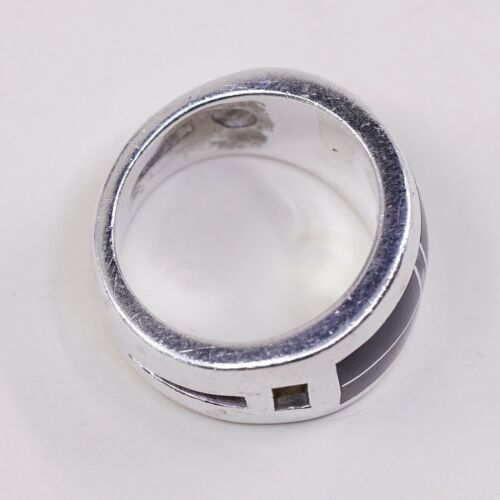 Sz 6.25, Zuni Sterling Silver Handmade Ring, 925 Band W/ Obsidian N Turquoise