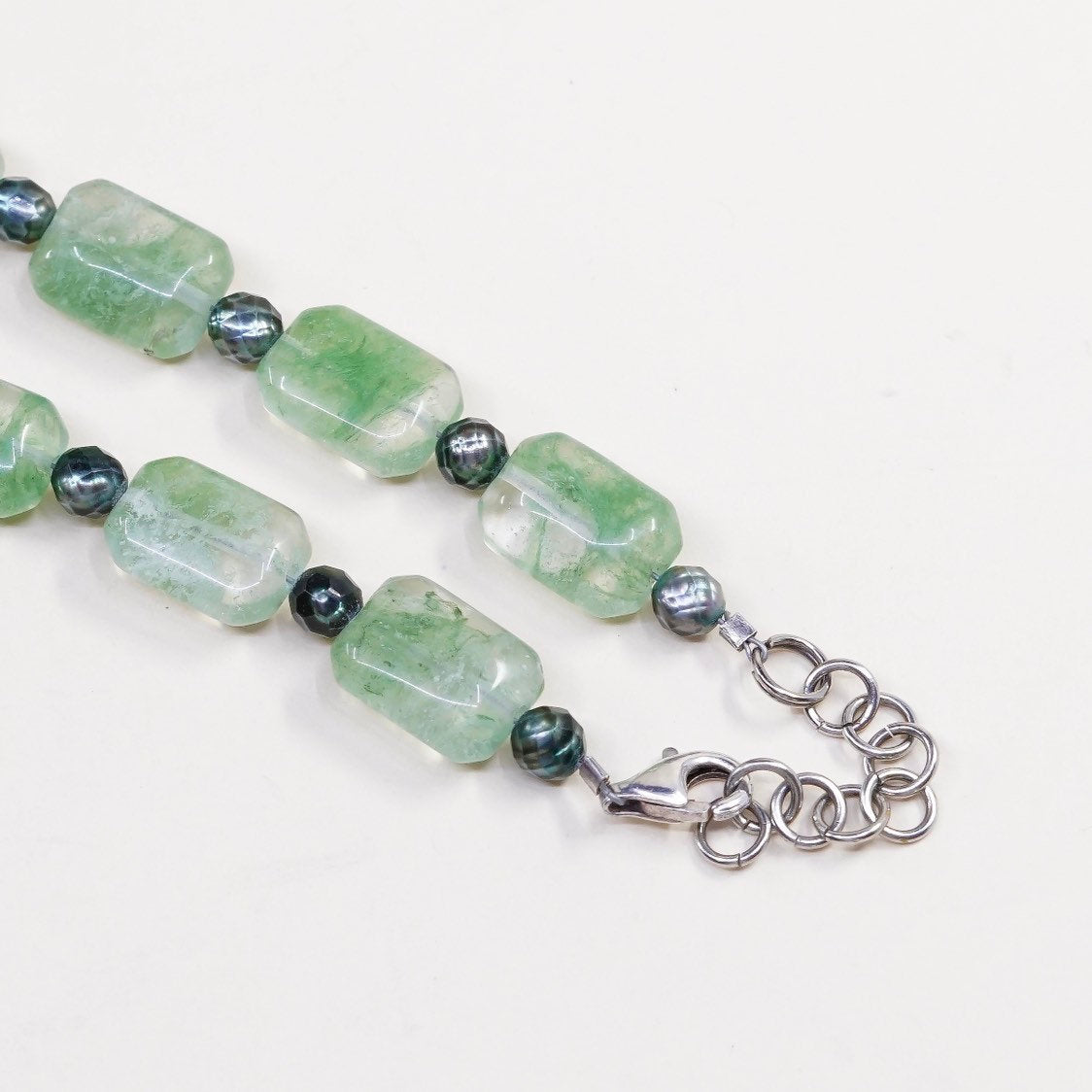 16+1.5”, Sterling silver necklace 925 circle chain w/ Jade beads N blue pottery