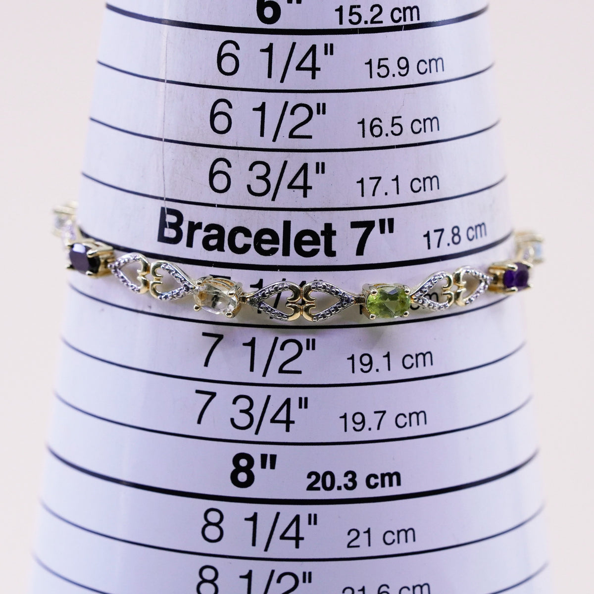 7.25”, vermeil gold sterling silver bracelet, 925 tennis chain peridot citrine