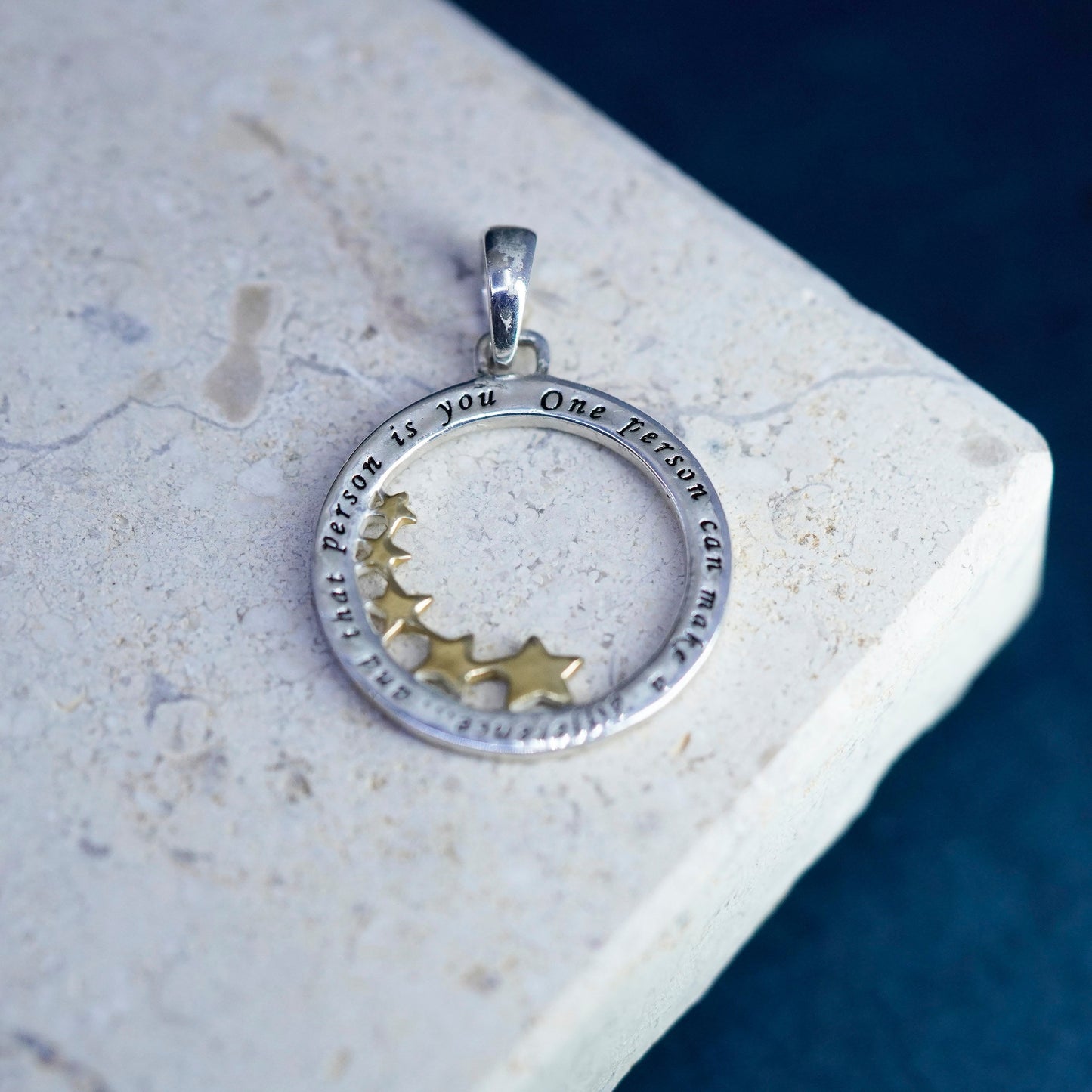 Vintage Sterling silver handmade pedant 925 circle quote “one person can make