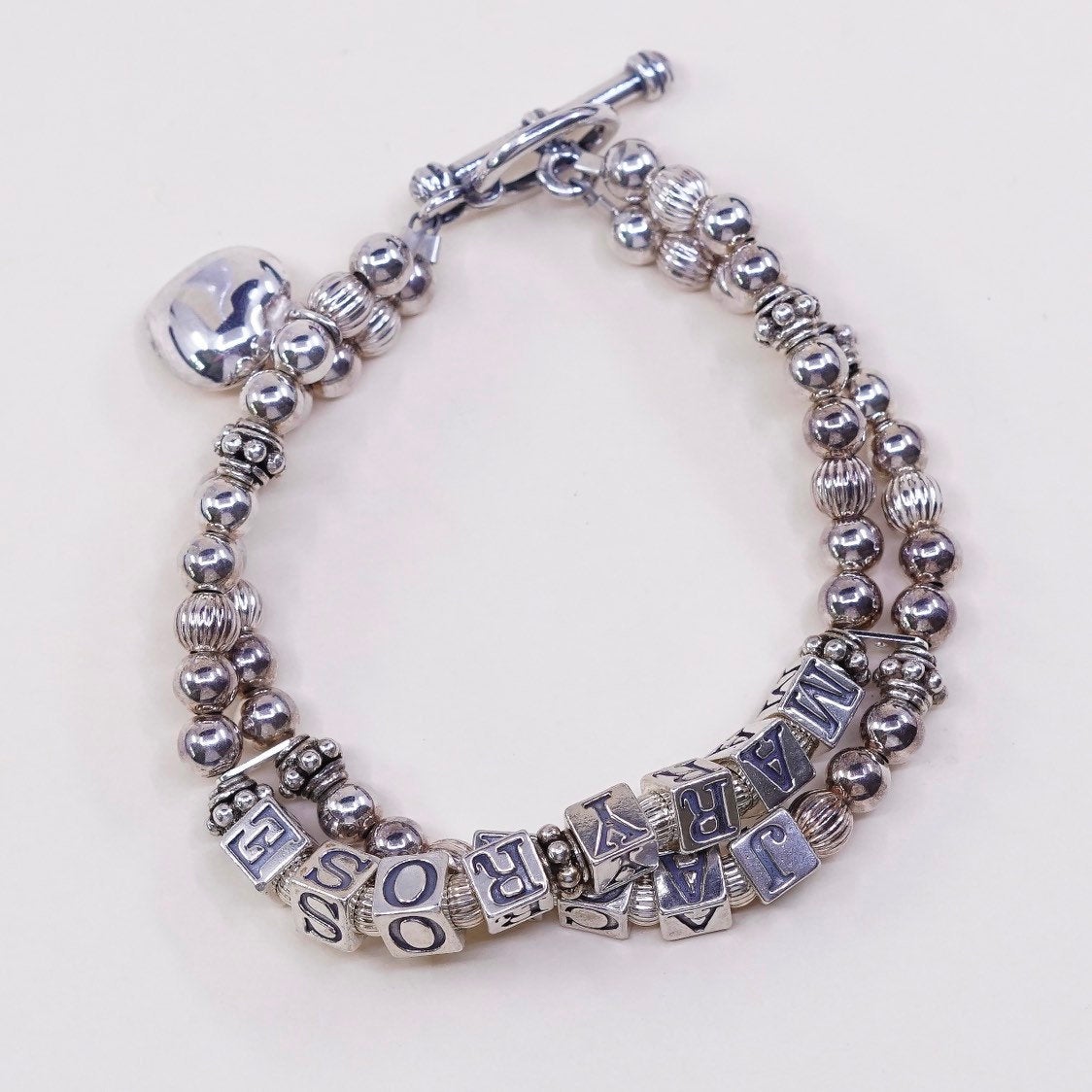 6", sterling silver handmade bracelet 925 double strands beads w mary rose jack