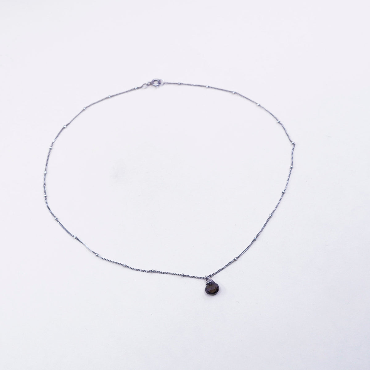 16”, vtg sterling silver necklace, teardrop crystal pendant bead circle chain