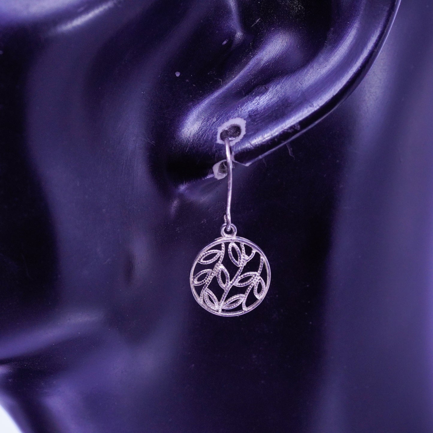 vintage Sterling silver handmade earrings, 925 circle dangles with leaves