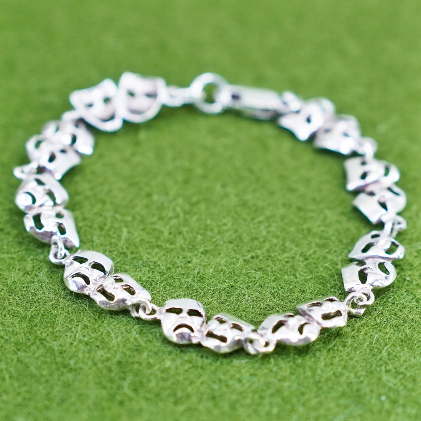6.75”, Italy sterling silver bracelet, 925 happy sad comedy faces mask chain