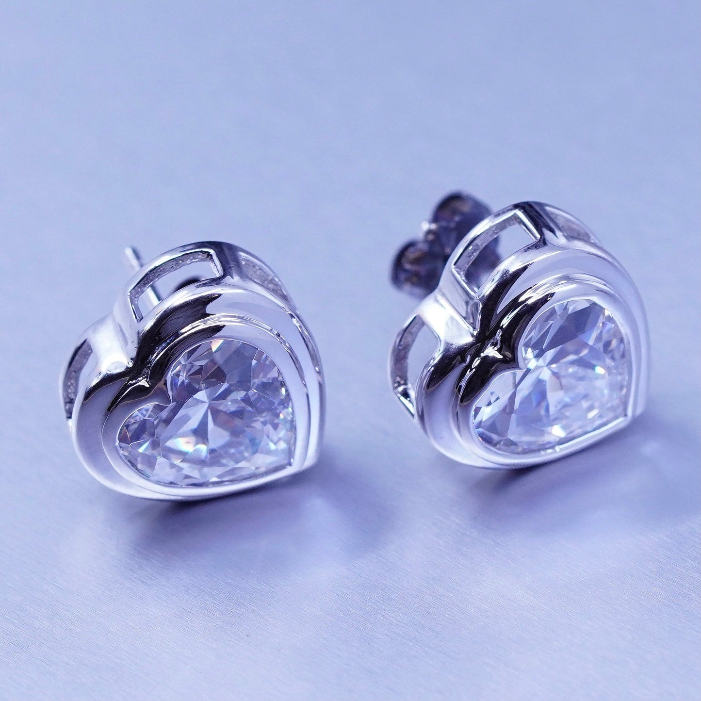 Vintage FJH Sterling 925 silver handmade earrings, heart studs with Cz
