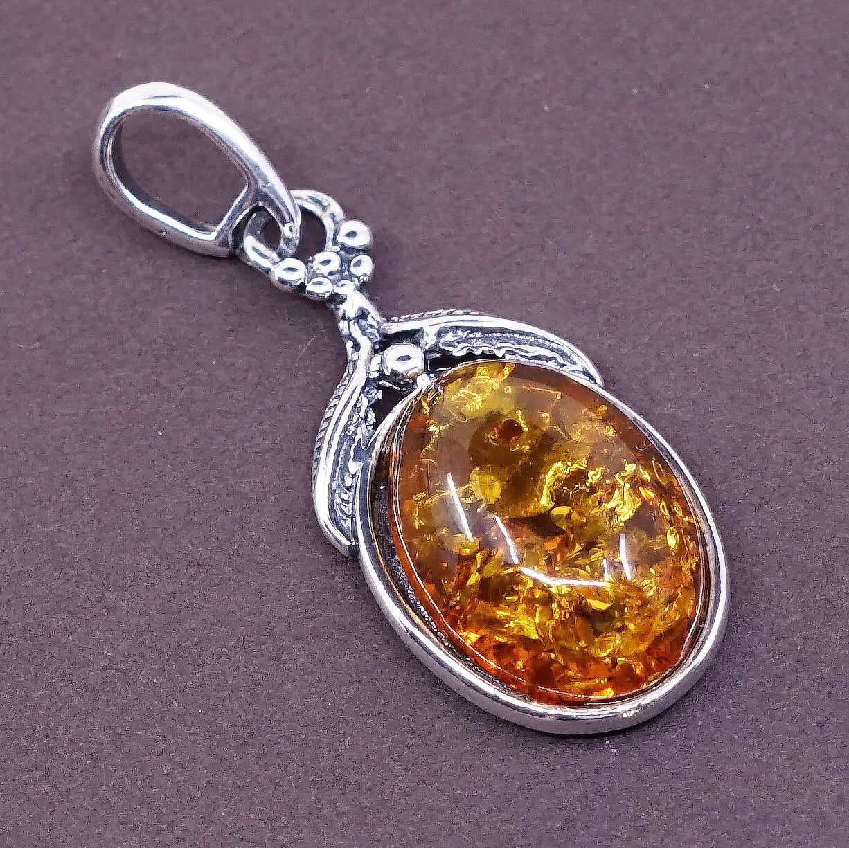 vtg Sterling silver handmade pendant, solid 925 silver with Amber pendant