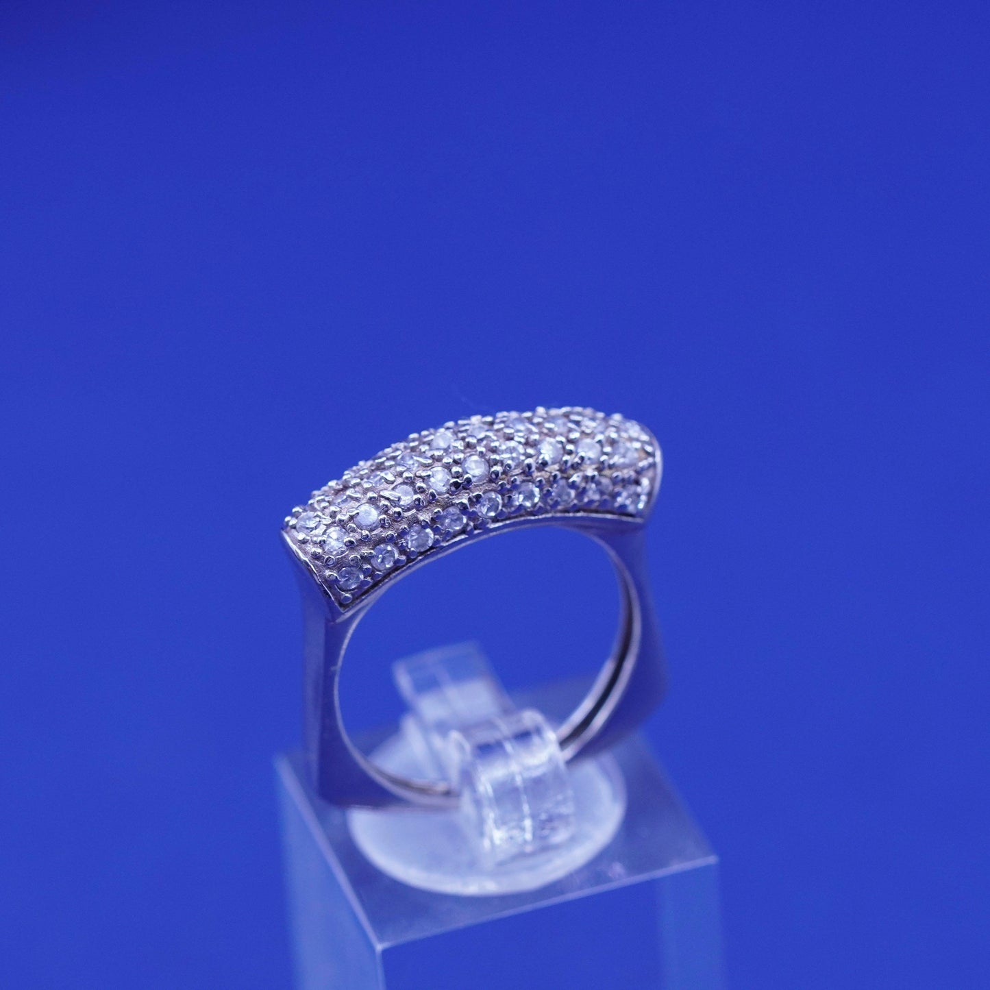 Size 7.75, vintage sterling silver ring with cluster Cz, statement band