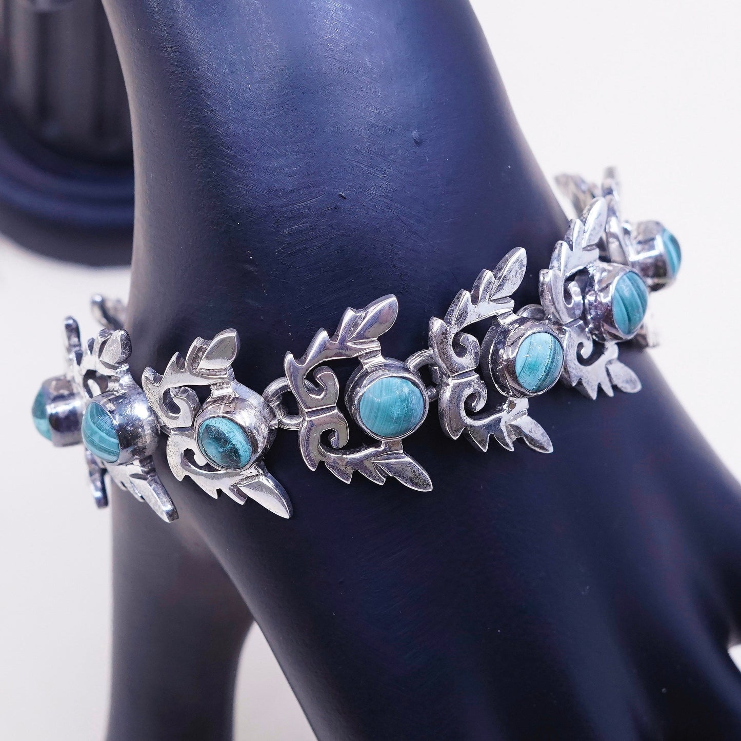 7”, VTG Sterling silver handmade bracelet, Mexico 950 w/ green malachite