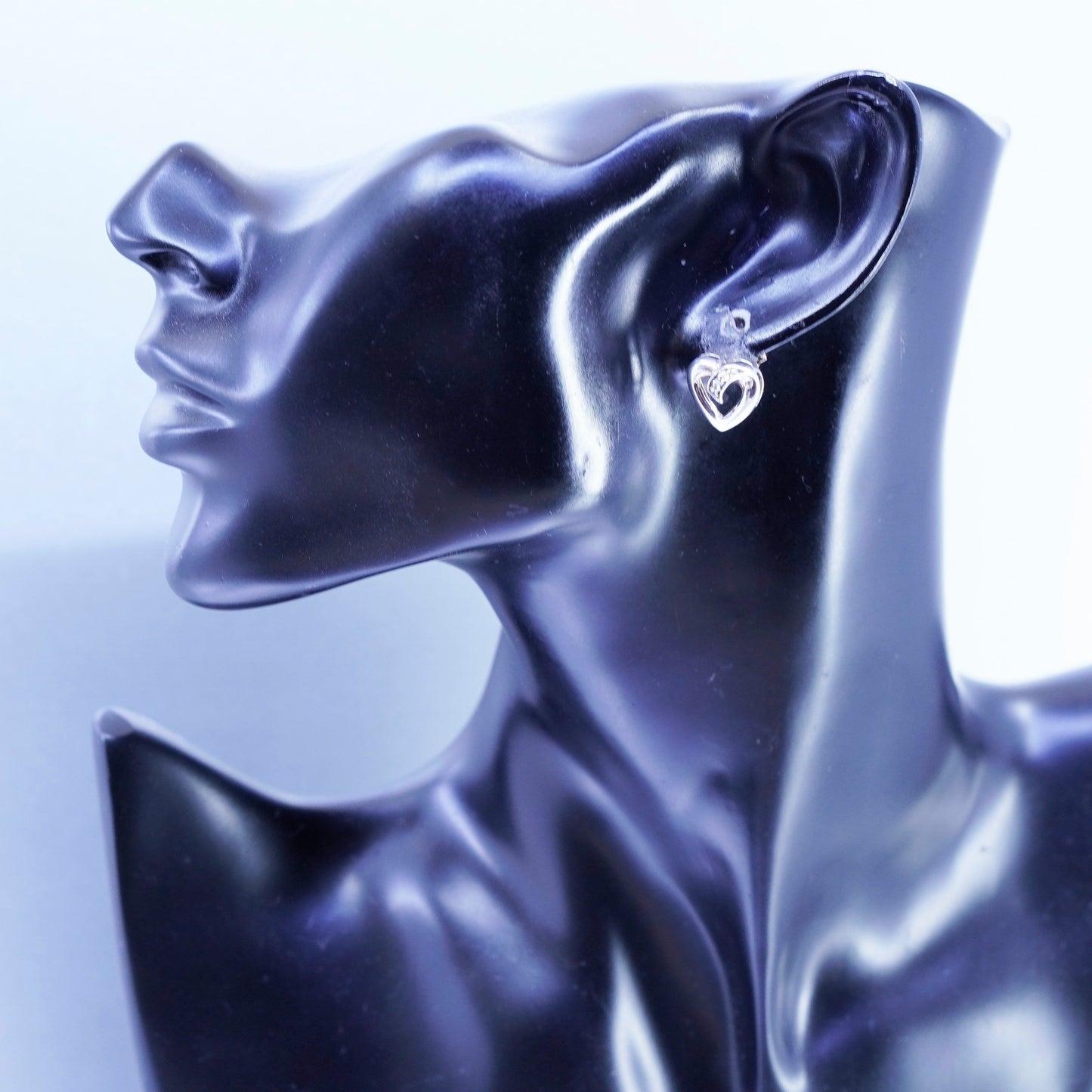 Vintage Sterling 925 silver handmade earrings, heart studs with cz